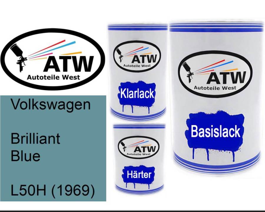 Volkswagen, Brilliant Blue, L50H (1969): 500ml Lackdose + 500ml Klarlack + 250ml Härter - Set, von ATW Autoteile West.